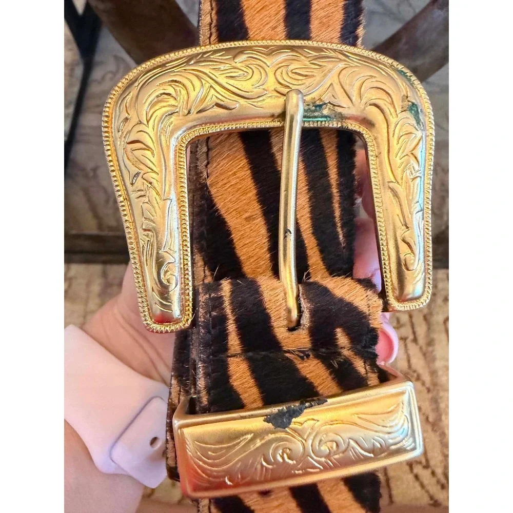 Vintage Avignon Women Tiger Print Calf Hair Western Belt Gold Buckle Size L